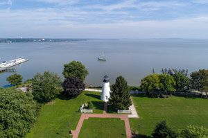 Aerial view of Concord Point lighthouse and the havre de grace waterfront.